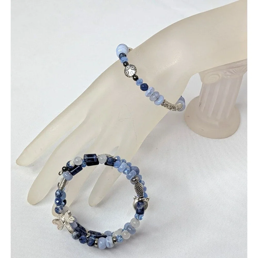Adjustable Bracelet Set - Mixed Blue Gemstones & Silver